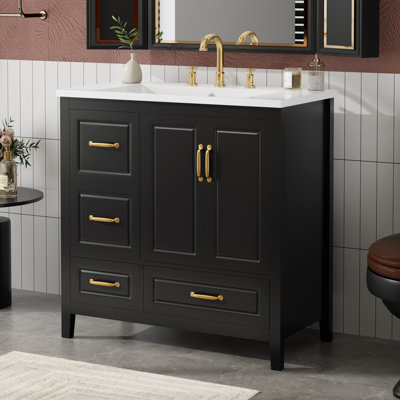 36''W Bathroom Vanity With Ceramic Sink, Freestanding Vanity Cabinet With Soft-Closing Doors, 4 Soft-Closing Drawers, Metal Handles