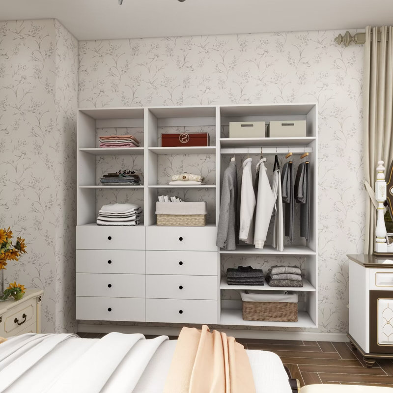 Système d'organisation modulaire blanc avec 9 tablettes et 12 tiroirs