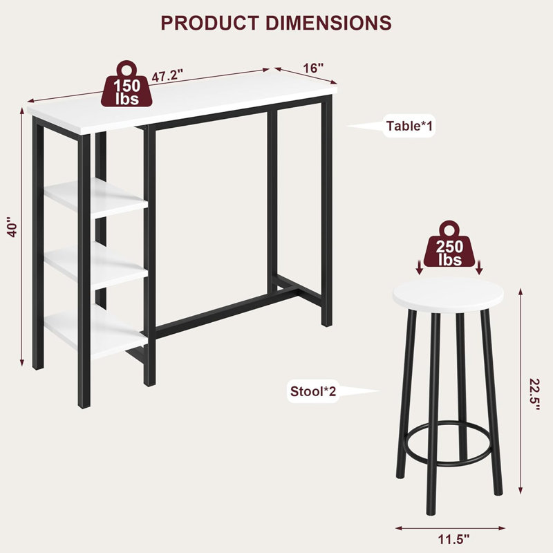 Ensemble de table Ã  manger avec 2 tabourets, table Ã  manger de comptoir avec 3 tablettes de rangement, ensemble de table de cuisine peu encombrant pour les appartements et les petits espaces