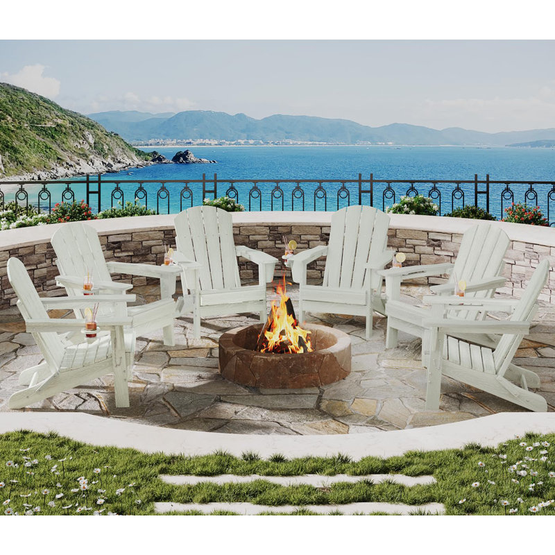 Folding Adirondack Chair Set of 2, HDPE Patio Chairs with Cup Holder, All Weather Outdoor Seating, White