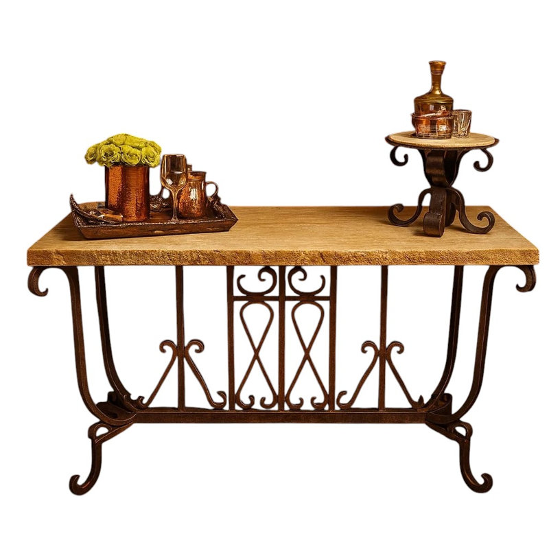 63" Rectangular Chiseled Travertine Console Table - Hand Forged Wrought Iron - Mexports By Susana Molina