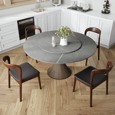Ensemble de table de salle à manger ronde Mid-Century en pierre grise moderne avec plateau tournant (1 table, 4 chaises, 1 table, 6 chaises)