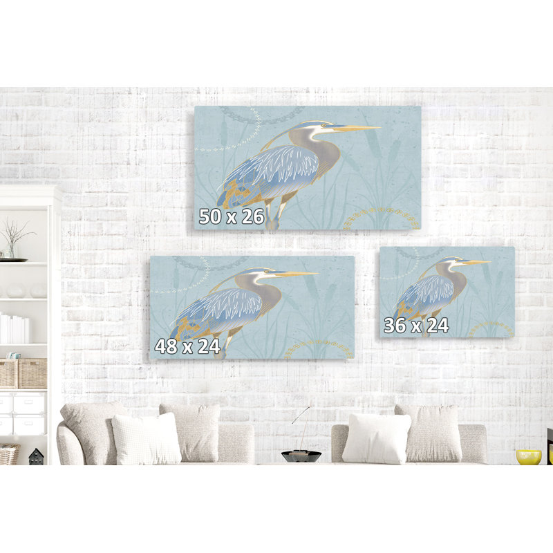 Heron Egret By The Shore II, bord de mer, oiseau, bleu, gris, jaune, H 24 po x l 36 po x P 1,5 po