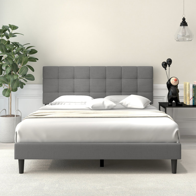 Upholstered Platform Bed, Queen, Light Gray