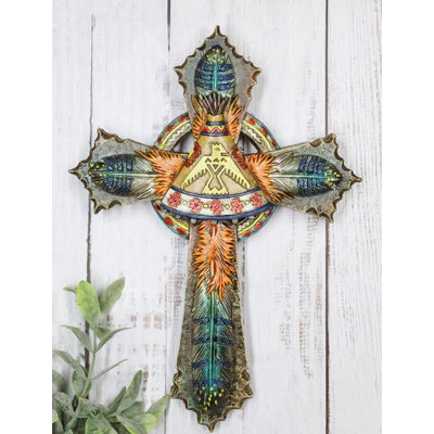 Southwestern Indian Feathers Teepee Sacred Eagle Faux Wooden Rustic Wall Cross