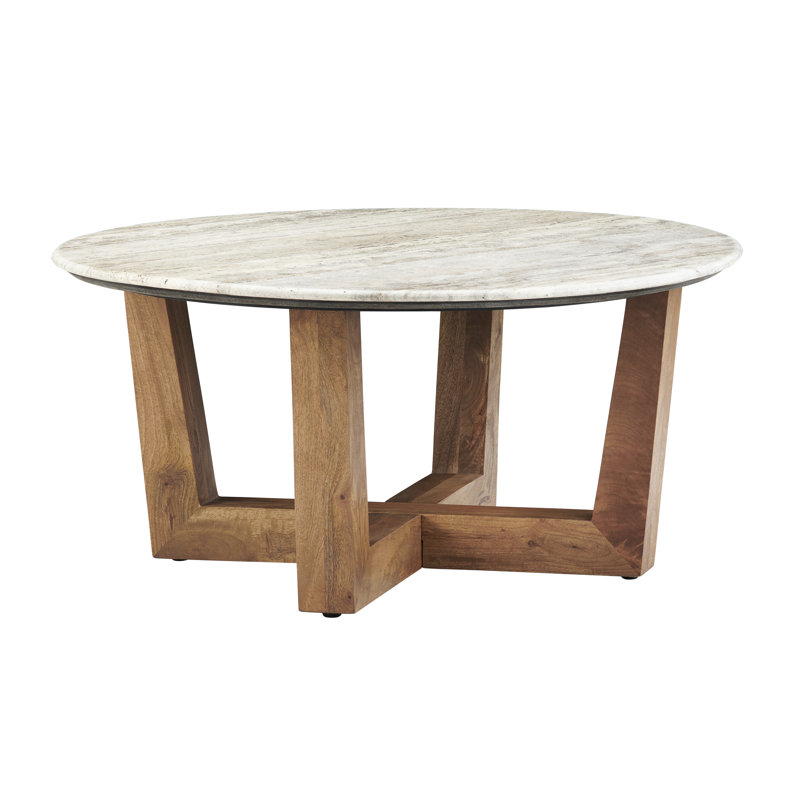 White Stone and Solid Wood Round Cocktail Coffee Table