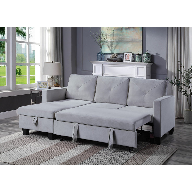 Nova 82.5" Light Gray Velvet Reversible Sleeper Sectional Sofa with Storage Chaise, Light Gray Velvet