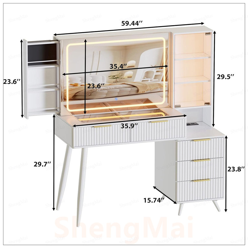 Élégante coiffeuse avec miroir et lumières, table de maquillage avec 11 tiroirs pour chambre de femme