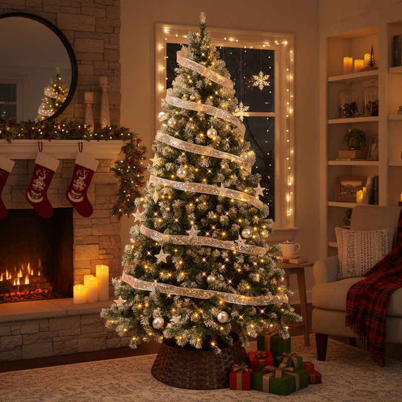 Arbre de Noël 7,5 pi avec lumière blanche et ornements argentés