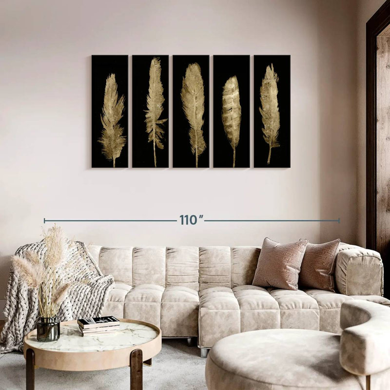 " Five Gold Feathers " 5 - Pieces, 42" H x 74" W x 1.25" D