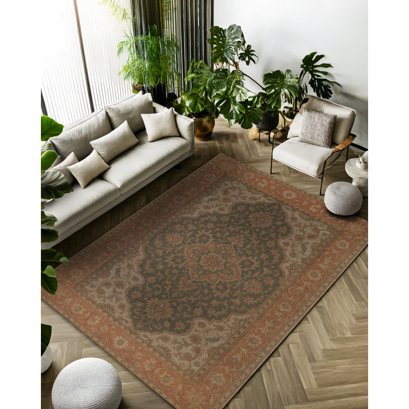 Malika Collection Digital Print Cotton-Polyester Brown Green Oriental Rug, Runner 3'4" x 13'2"