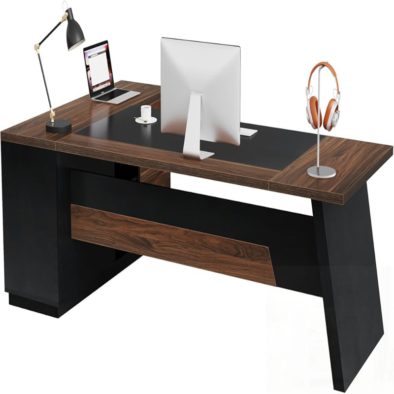 Bureau de direction en L avec classeur et tiroirs, poste de travail spacieux et moderne avec tablettes de rangement