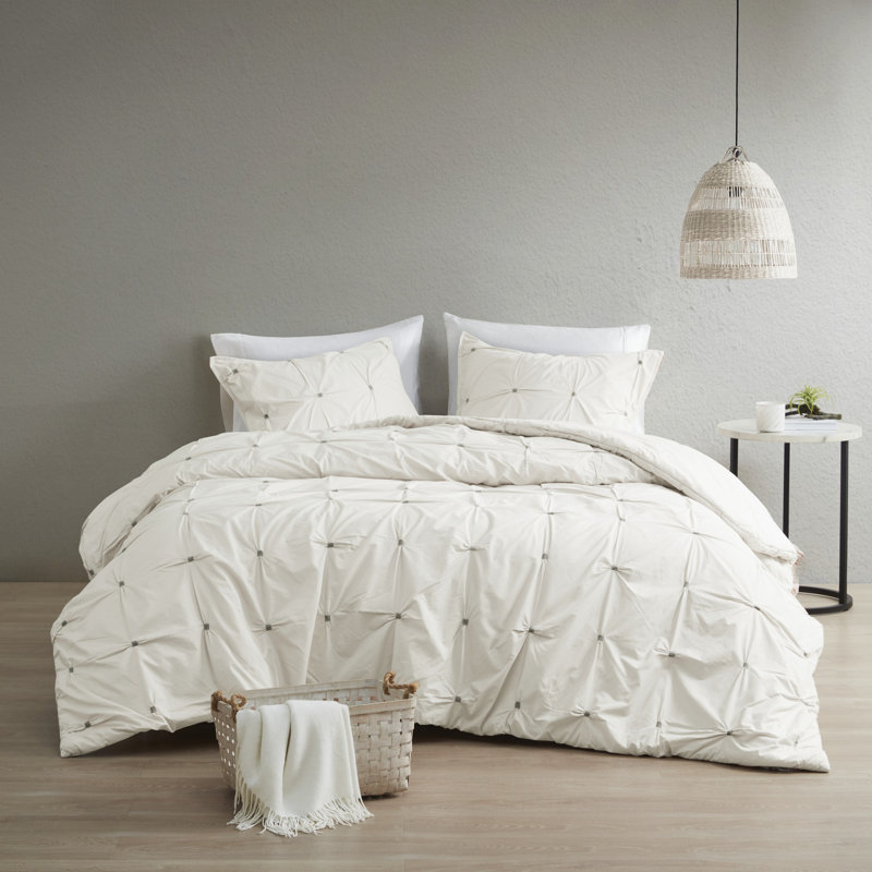 Ensemble d'édredon en coton brodé élastique, Blanc, Édredon double/grand et 2 taies décoratives