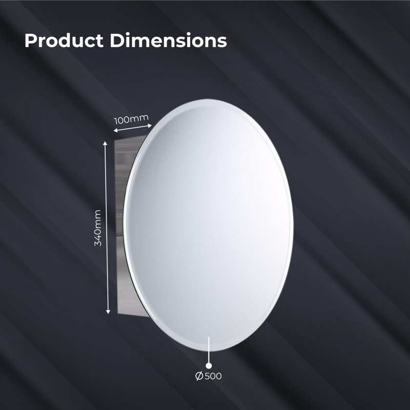 iBathUK Stockholm Wall Mounted Round Stainless-Steel Bathroom Mirror Cabinet, Modern Single Door Storage Unit in Silver, 500x500mm