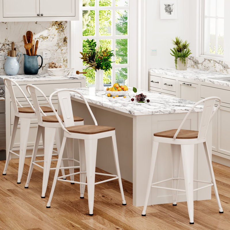 High Back Metal Counter And Bar Stools, White, Counter Stool (26” Seat Height)