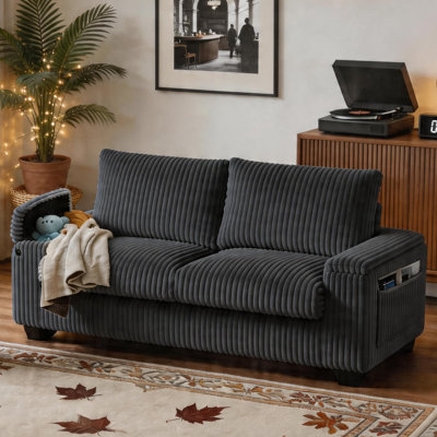 71" Corduroy Upholstered Sofa, 2 Seater Couches Small Loveseat With Storage Pockets,  Storage Armrest And USB Charging Port