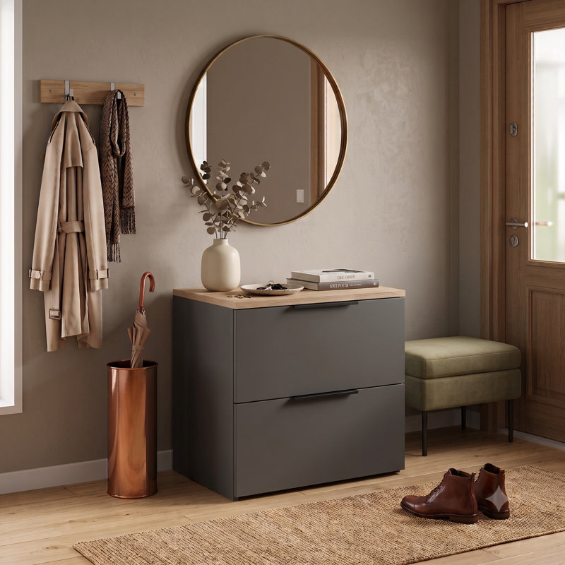 60cm Wide 2-Drawer Low Chest, Graphite and Wotan Oak
