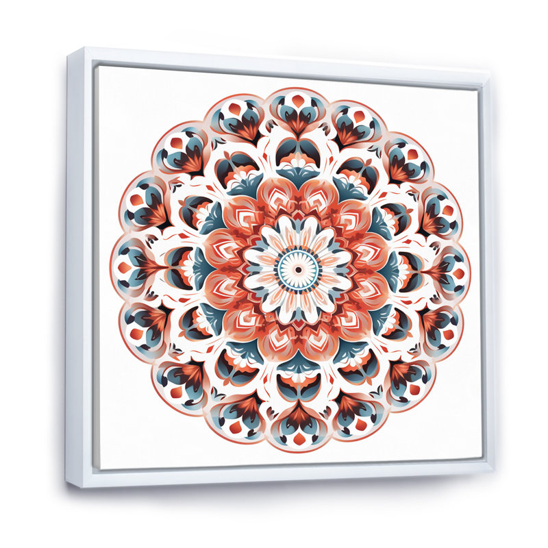 Mandala élémentaire sérénité en bleu et rouge, Cadre flottant blanc, H 30 po x l 30 po x P 1 po