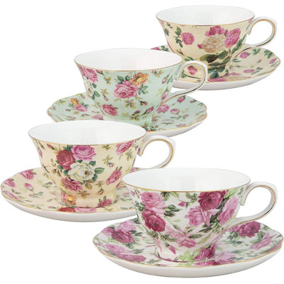 Grace Tea Ware Rose Chintz Teacups and Saucers, Set of 4