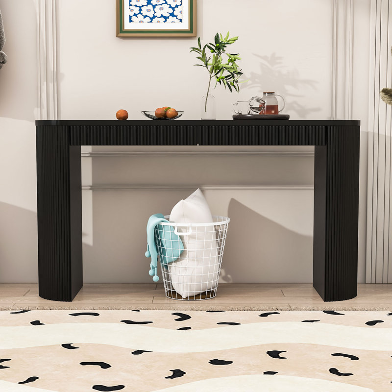 Elegant Entryway Table with Arched Legs, Striped Detailing and Hidden Storage Drawers, Black