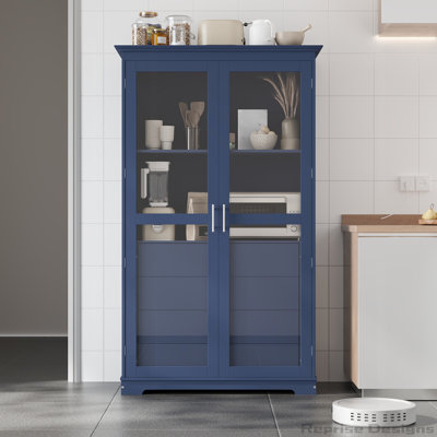 Freestanding Kitchen Storage Cabinet Display Cabinet with Glass Doors and 4 Built-in Drawers