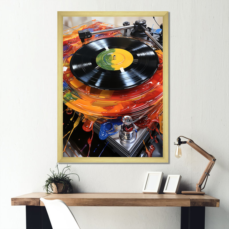 Art mural rétro vinyle Truntables Melody - Platines et boites, Cadre doré simple, H 32 po x l 24 po x P 1 po