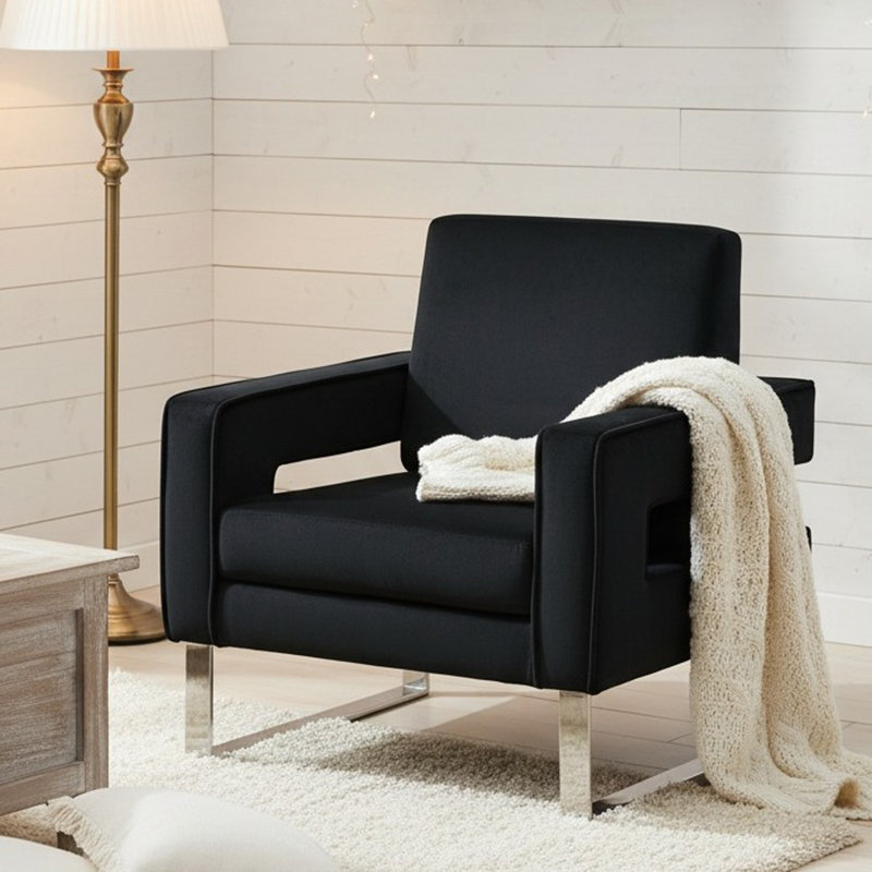 Modern Velvet Upholstered Accent Chair with Stainless Steel Legs, Black Velvet, 1