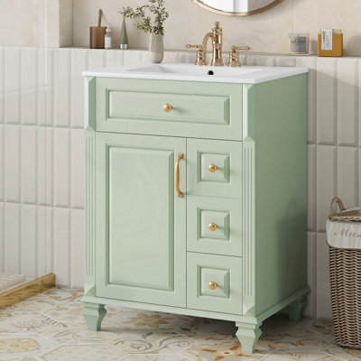 24 Inch Bathroom Vanity With Sink, Green Freestanding Vanity Cabinet With Flip-Out Drawer, 3 Drawers & Storage Cabinet, Solid Wood & Mdf, Ceramic Sink Top