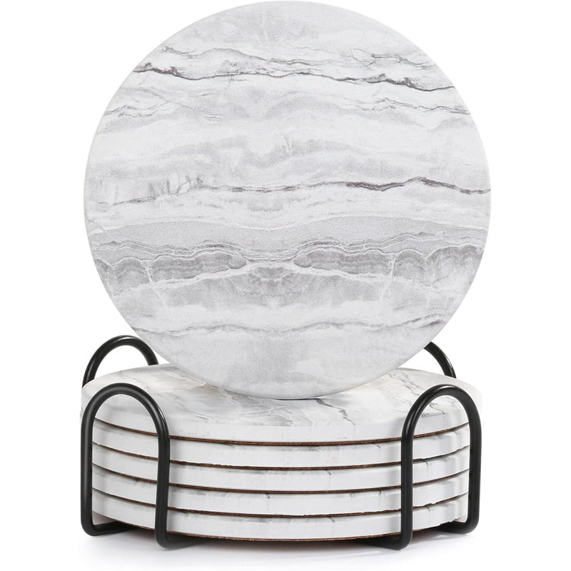 Ensemble de sous-verres en marbre avec porte-sous-verres absorbants en céramique Mignon sous-verre Bar Table de salle à manger Accessoires de décoration Cadeau Tasse amusante Pierre moderne Costers Bureau de bière Sous-verres en liège