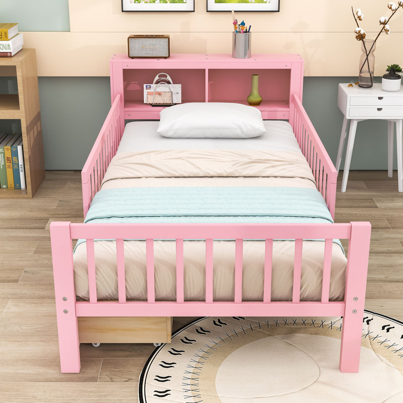 Lit simple avec tiroirs et tablettes de rangement, Rose