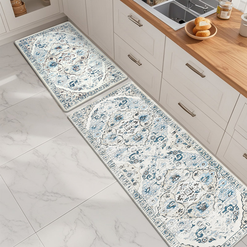 Jainiyah Anti-Fatigue Non-Skid Waterproof Kitchen Mat (Set of 2), Runner 20" x 31.5" + 20" x 59", Blue/Beige