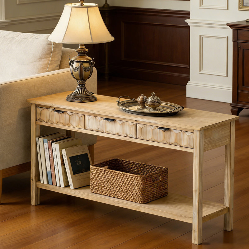 Table d'entrée en placage de sapin, console moderne avec 3 tiroirs et pieds solides, Naturel