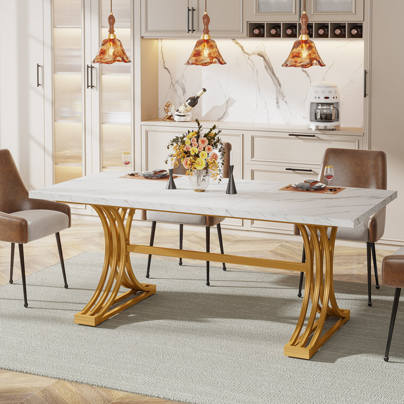 Keidenel Metal Base Dining Table, White/Gold