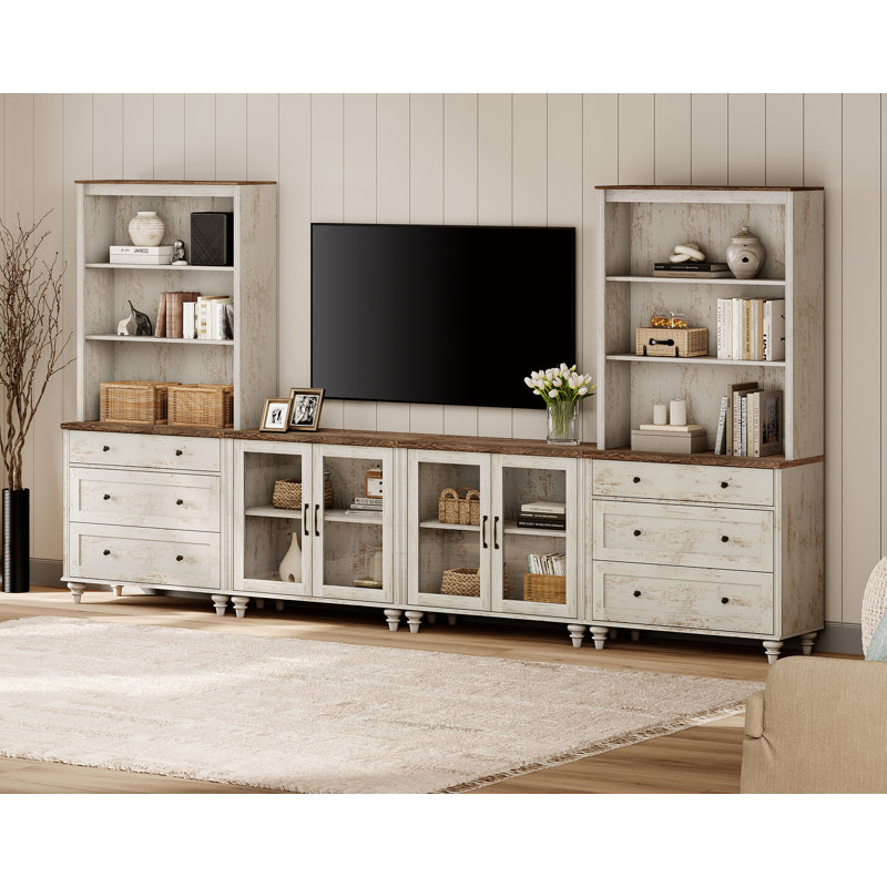 Entertainment Center With Bookshelves With Glass Doors & Drawer, Farmhouse Wall Unit TV Stand For Tvs, Bedroom & Home Theater
