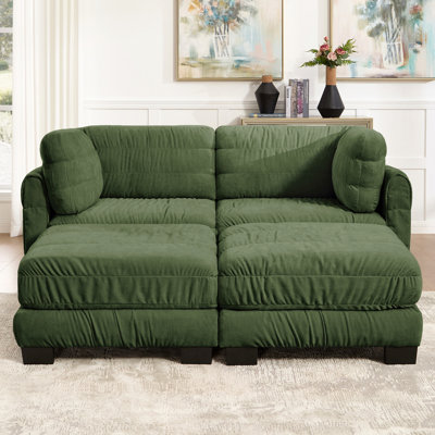 Canapé modulaire en chenille à 2 sièges avec détails ruisselés, 2 repose-pieds mobiles, mousse à haute densité, coussins de dossier en forme de L, assemblage facile, pour le salon, la chambre à coucher