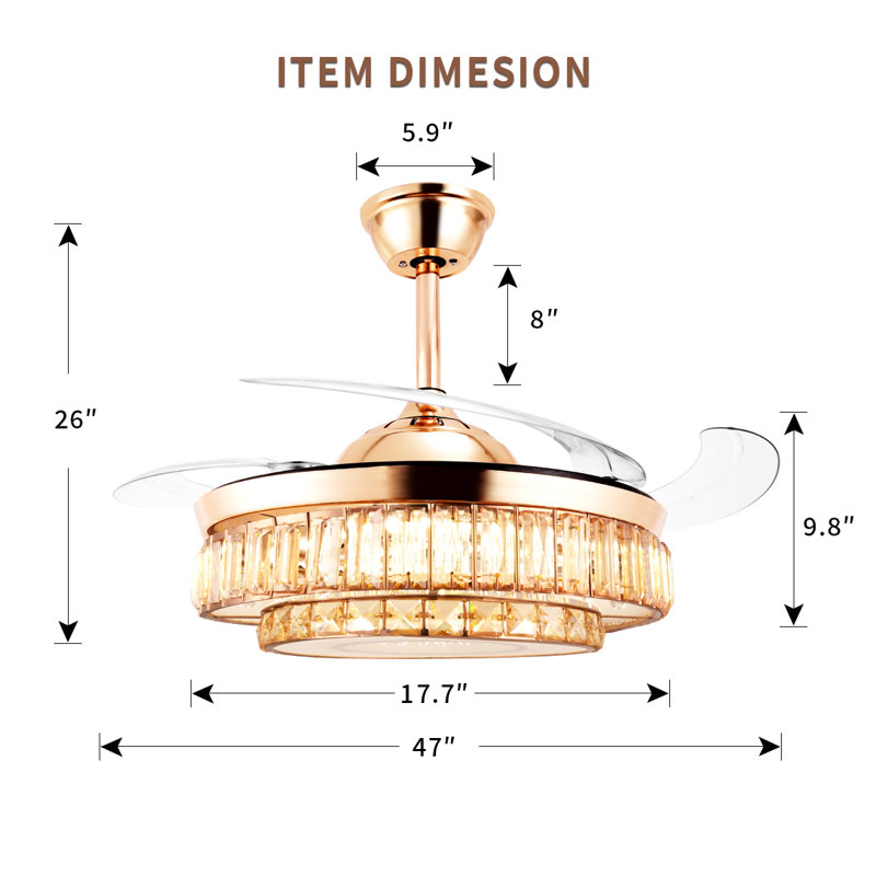 Ventilateurs de plafond 47 po avec lumière, ventilateur de lustre en cristal rétractable doré, réversible, télécommande, ensembles de plafonniers à intensité variable pour le salon, la chambre à coucher