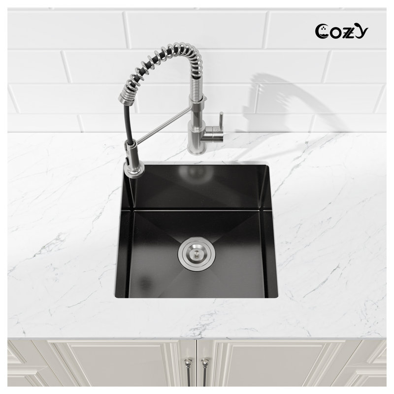 Évier de cuisine encastrable simple 18 po x 18 po en acier inoxydable 304 de calibre 20 noir avec drainage en forme de X et crochet de drain standard
