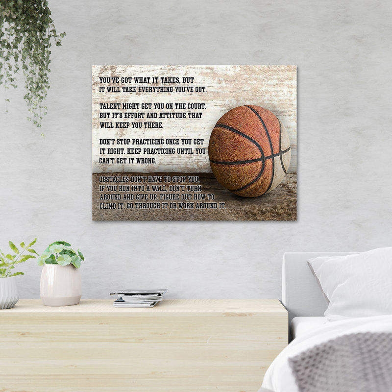 Basketball sur fond blanc et brun - "You Got Got What It Takes" - 1 pièce, impression d'art graphique rectangulaire sur toile tendue