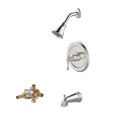 Prime Collection Shower Trim System: Round Shower Head, Single Handle Set, Tub Spout & Rough-in Valve Included - Brushed Nickel