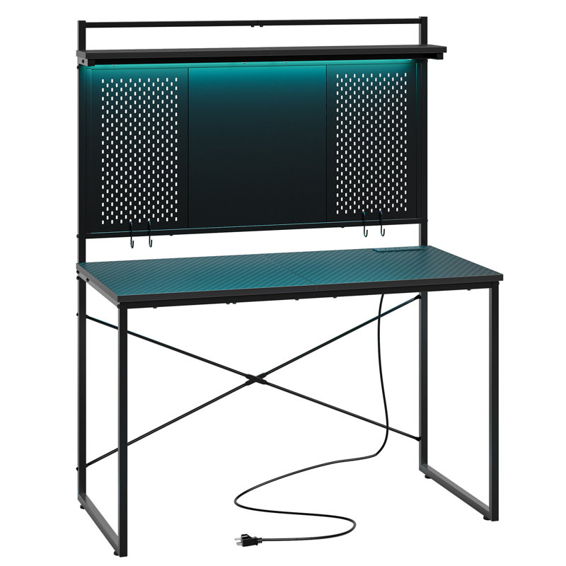39'' Computer Desk With Hutch and Pegboard, Home office Desks with Power Outlet, Gaming Desks with LED Light and Hooks, Black