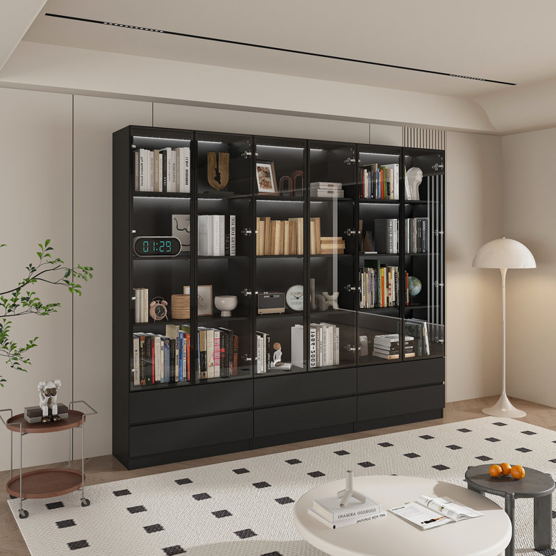 78.7'' H X 94.5'' W 6-Drawer 4-Tier Display Bookcase With Glass Doors And LED Light, Black