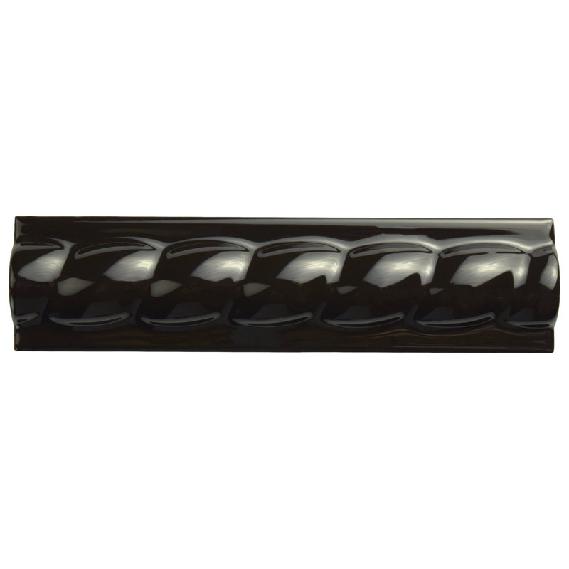 Trenza Grand 2" x 7-7/8" Glossy Ceramic Chair Rail / Crown Wall Tile Trim in Nero