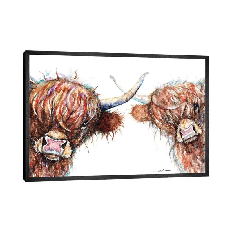 Curious Highland Cows - Painting on Canvas, 45.72cm H x 66.04cm W x 3.81cm D, Black Framed