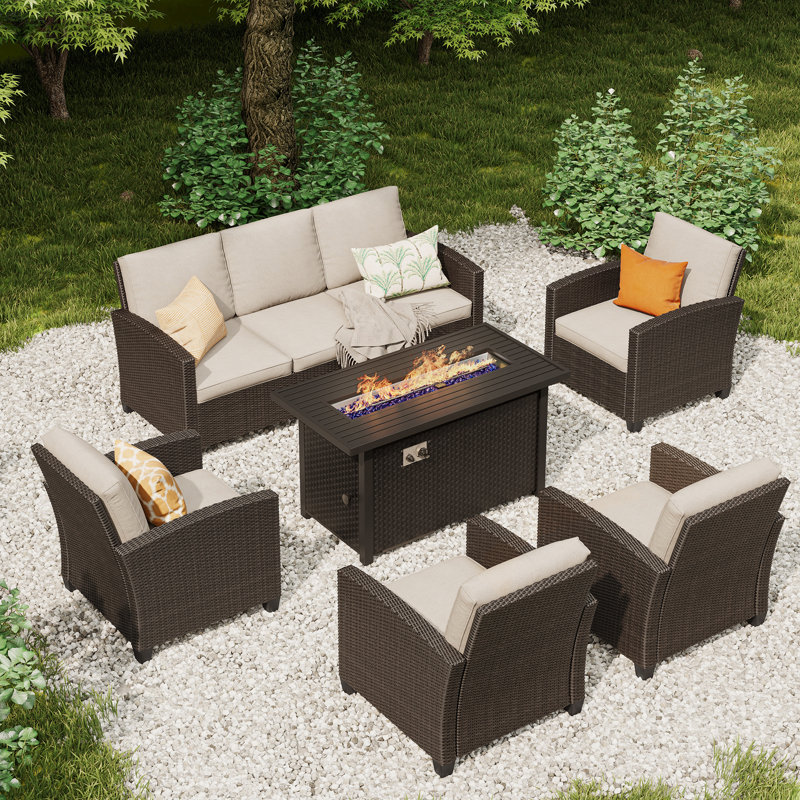Ensemble de conversation pour patio en rotin 6 pièces avec foyer