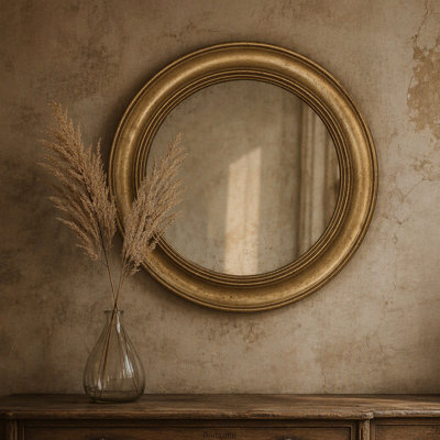 Vintage Round Wall Mirror, Brushed Gold Iron Frame, Retro Decorative Wall Mirror for Entryway, Living Room, Bedroom
