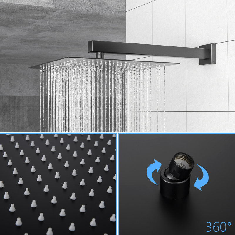Matte Black Shower System With 12 Inch Square Rain Head And Waterfall Tub Spout For Serene Bath Experience Wall Mounted Surface & Spout,