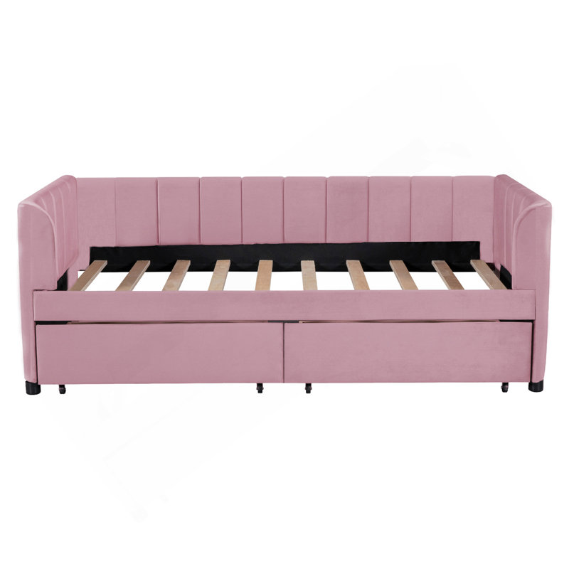 Twin Size Upholstered Daybed With Ergonomic Design Backrest And 2 Drawers, Pink, Pink