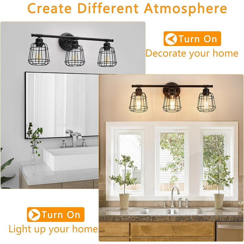 Matte Black 3-Light Industrial Cage Vanity Light