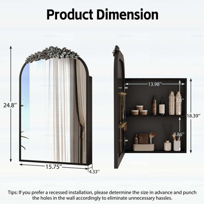 Armoire à pharmacie vintage avec miroir et rangement, design élégant en forme d'arche pour salle de bain, installation encastrée ou en saillie, étagère réglable, crochets pour bijoux