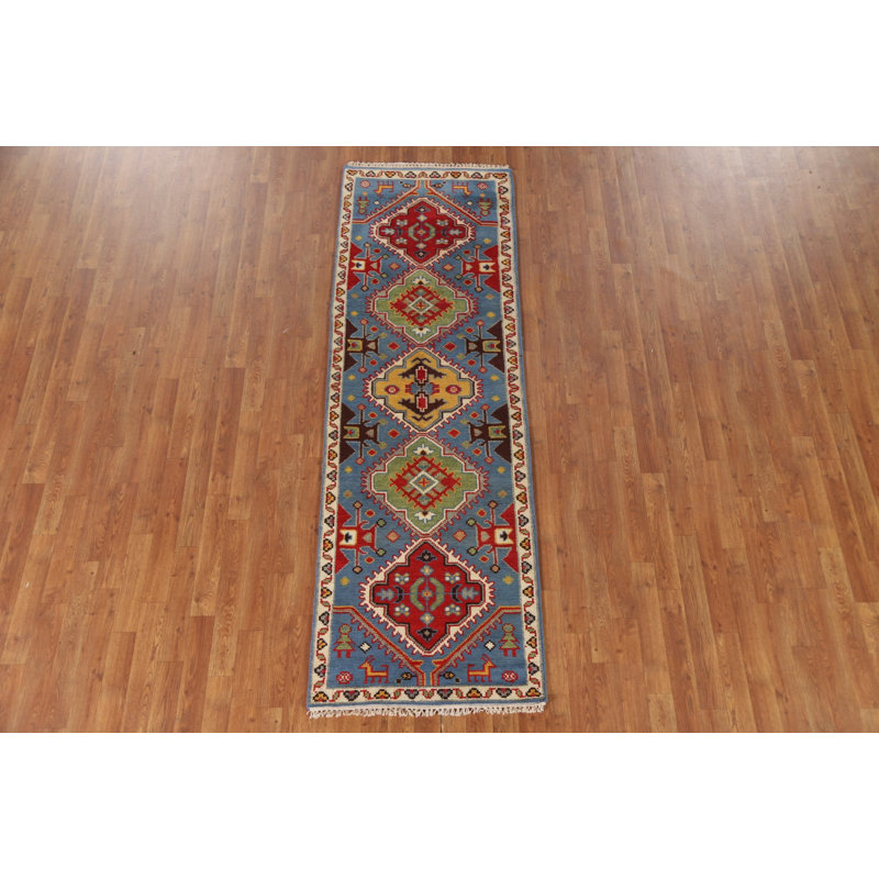 Tapis de couloir bleu en laine 3x8